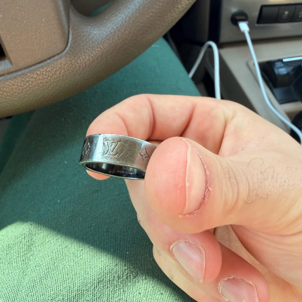 Louis Vuitton Silver Band Ring with Engraved Logo (size 10)
